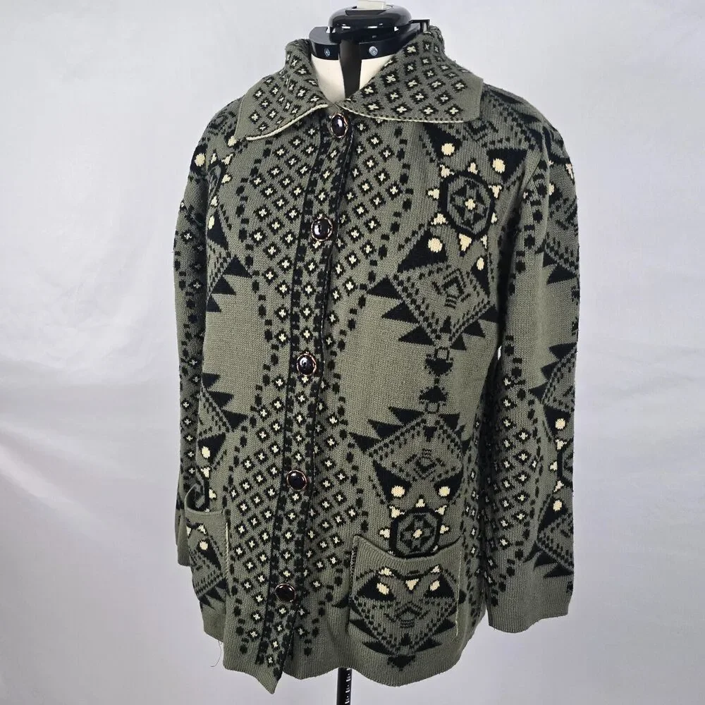 Cesar Cardigan Women's XL *** Green Black Tan Button Up Collar Long Sleeve
